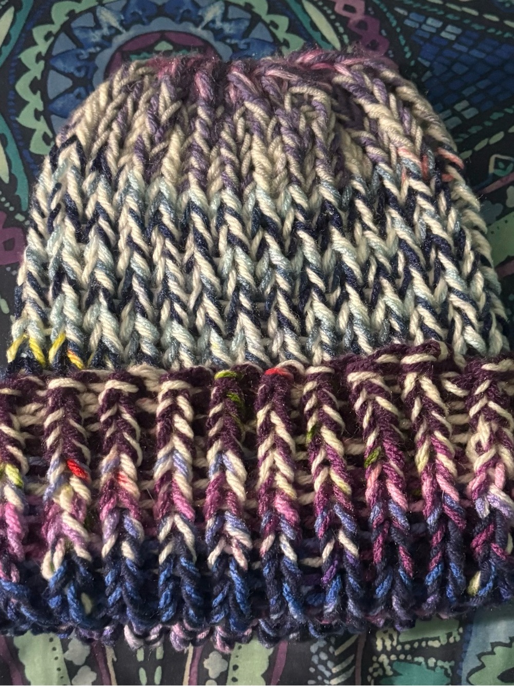 Hand-Knit scrap Beanie - Multicolor Purple and Cream